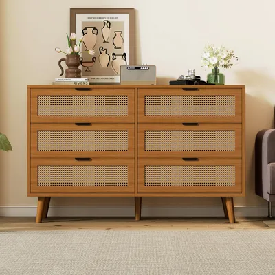 Immagine prodotto di Cassettiera in legno con 6 cassetti e maniglie in metallo, 120×76,5×40