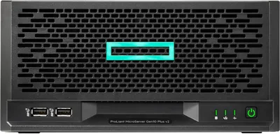Front view of a black Hewlett Packard Enterprise server.