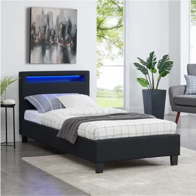 Produktbild von Polsterbett HIMALAYA mit LED Beleuchtung Einzelbett Jugendbett 90x200 cm mit Lattenrahmen, Stoffbezug in schwarz