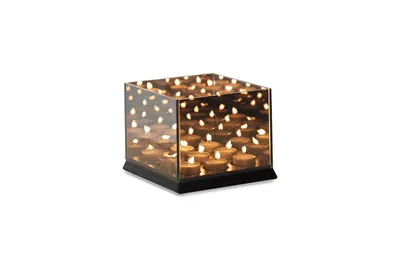 Produktbild von LIFA LIVING 9 Teelicht Halter schwarz mit 3D-Effekt verspiegelt, Kerzenhalter mit Lichtermeer Optik, Teelichthalter mit Spiegelung, Windlicht, Holz