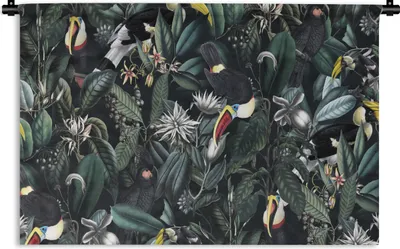 Produktbild von MuchoWow® Wandteppich Wandbehang Blumen - Tukan - Blätter 60x40 cm Tapisserie Dekoration Wandtuch - Wanddekorationen