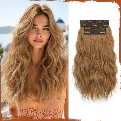 Productafbeelding van Clip-in haarverlengingen, 4 stuks, 40 cm, krullend, synthetisch, kastanjebruin