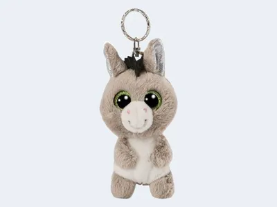 A plush donkey keychain is shown against a plain background.