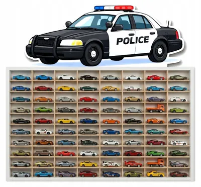 Modellauto-Regal für 80 Autos 1:64 – Wandregal & Setzkasten für Spielzeugautos, Polizei-Motiv, Weiß, Birken-Sperrholz – mit Modellautos an der Wand
