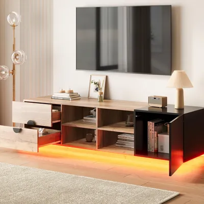 Produktbild von MODFU Fernsehschrank in Holz-Schwarz-Kptrast,TV-Schrank mit offenem Fach und geschlossenem Schrank,mit mehrstufige Fächer und Schublade,Schwarz