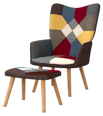 Produktbild von Relaxsessel mit Rückenlehne und Hocker, Einzelsessel für Wohnzimmer und Schlafzimmer, Liegesessel im Patchwork-Design