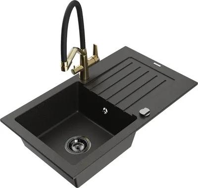 Produktbild von Mexen Pablo 1 Becken-Granitspüle mit Abtropffläche und Mischbatterie Duo, Schwarz/Gold metallisch - 6510-75-671701-57-B