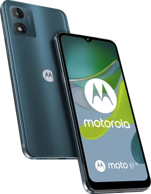 A Motorola Moto e13 smartphone is shown in a studio shot against a white background. The phone is displayed in a diagonal orientation, with the screen facing the viewer.
