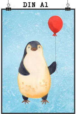 Produktbild von Mr. & Mrs. Panda Bild Pinguin Luftballon DIN A1 - Eisblau - Geschenk, drucke, Jahrmarkt, Glück, Plakat, Pinguine, Wandbild, Liebe, Kirmes, wanddeko, Beste Freundin