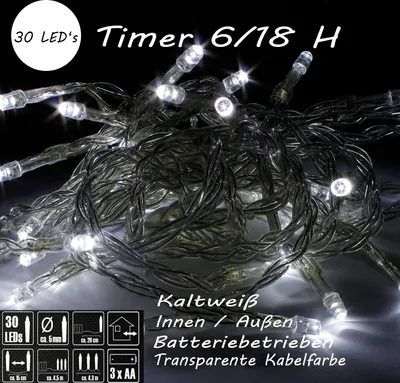 30er LED - Batteriekette kaltweiß mit Timerfunktion Innen + Außen