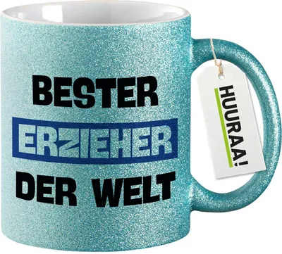 Produktbild von Huuraa Glitzertasse Bester Erzieher der Welt 330ml Blau Keramik Kaffeebecher Geschenkidee