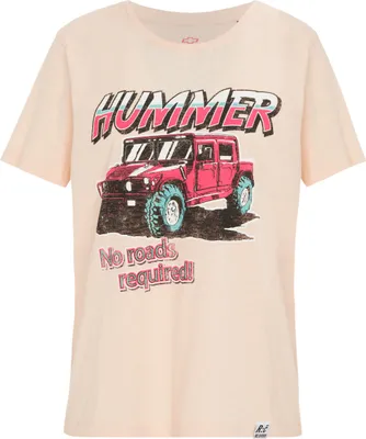 Immagine prodotto di T-shirt riciclata, modello "No Roads Required" (Nessuna strada necessaria), con stampa originale, colore rosa, taglia L