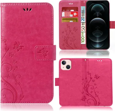 Produktbild von Handy Tasche für Apple iPhone 13  Schutz Hülle Handyhülle mit Blumenmuster Klapp Hülle mit Standfunktion und Kartenfächer Pink