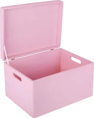A pink storage box with its lid open, shown against a white background.