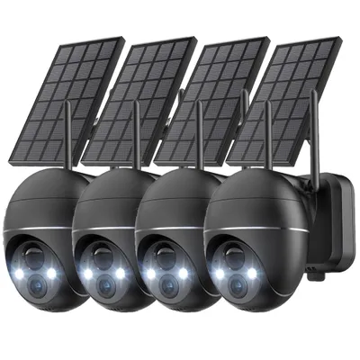 Image de 4 pièces 2K 5MP solaire caméra de surveillance extérieure Wi-Fi 360°PTZ pivotant caméra extérieure batterie 30M vision nocturne couleur PIR détection de mouvement Compatible Alexa