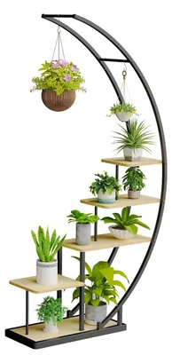 Produktbild von 5-stufiger, halbmondförmiger Pflanzenständer aus Metall, 172 cm, Pflanzenregal mit 5 Ablagen und Haken, hoher Blumenständer/Pflanzenleiter mit Kippschutz für Balkon, Wohnzimmer, Terrasse (1 Stück, braun)