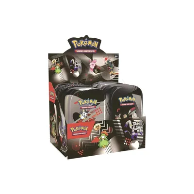 A display box containing multiple Pokemon trading card game mini tins.