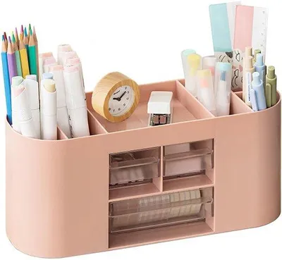 Imagen del producto de Organizador de escritorio, con 10 compartimentos, gran capacidad, cajones transparentes con doble fondo, ideal para lápices, bolígrafos y otros materiales de escritura (rosa)