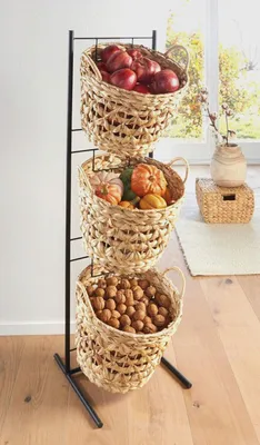 Produktbild von Metall Korbständer inkl. 3 Körbe aus Wasserhyazinthe, Verkaufsständer, Obstkorb, Gemüsekornständer, Präsentationskorb