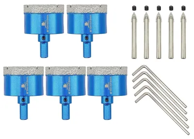Produktbild von Diamant-Fliesenbohrerset 5 Stück 50mm mit Zentrierbohrer, Dreiecksschaft für Fliesen, Keramik, Stein, Granit, Marmor