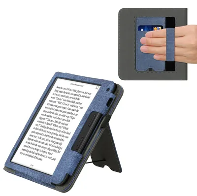 Produktbild von kwmobile Hülle kompatibel mit Tolino Vision 6 Hülle - Flip Case mit Handschlaufe - Kunstleder Cover - Dunkelblau Dunkelgrau