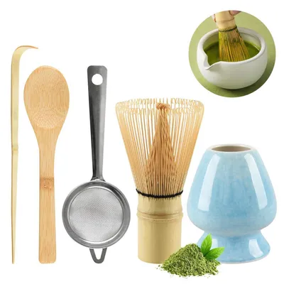 Produktbild von 5-teiliges Matcha Set mit Besen, Sieb und Löffeln aus Bambus, Ofenblau