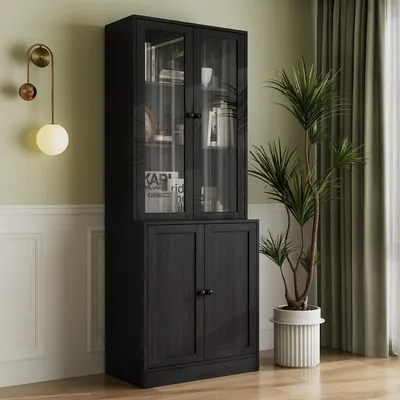Zdjęcie produktu dla Pięciopiętrowa regał na książki z drzwiczkami szklanymi, czarny, 180 cm