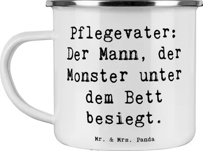 Produktbild von Mr. & Mrs. Panda Emaille Becher Spruch Pflegevater Held - Weiß - Geschenk, Kinderbetreuung, Pott, Liebe, Geborgenheit, Pflegeeltern, Teetasse, Handarbeit, Tasse, Haferl