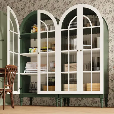 Produktbild von STILVORA Vitrinenschrank mit Riffelglas-Doppeltüren, Glasschrank mit 3 Einlegeebenen, Standvitrine im Bogen-Design, 2-set