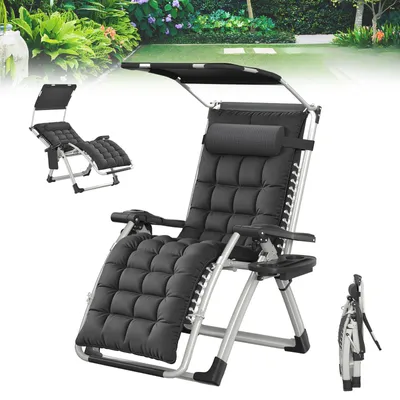 Image de Chaise longue de jardin UISEBRT rembourrée avec un coussin moelleux et un pare-soleil rabattable et réglable de 90 à 170°, structure en acier pouvant supporter jusqu'à 160 kg, avec oreiller, porte-boissons et poche latérale, couleur noire