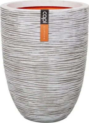 A textured planter pot with a label attached.