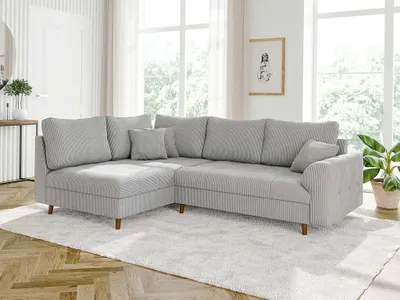 Produktbild von Kai - Ecksofa mit Braun Holzfüßen im skandinavischen Stil aus Hellgrau Cord-Stoff, Ottomane links