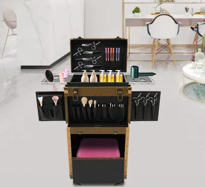 Produktbild von Friseurkoffer, Friseurwerkzeug-Organizer, Großzügige Erscheinung Friseurbox, Rollender Kosmetikkoffer, Gold