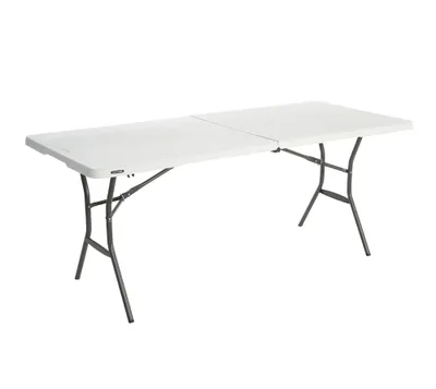 A white folding table with gray metal legs is shown against a white background.