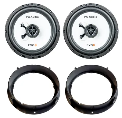 Two car speakers and two speaker mounting rings are arranged on a white background.