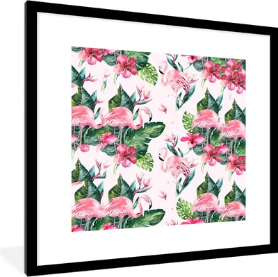 Produktbild von MuchoWow® MuchoWow® Gerahmtes Poster Flamingo - Blumen - Blätter - Muster 40x40 cm - Poster mit zchwarzem Bilderrahmen - Poster - Plakat im Rahmen
