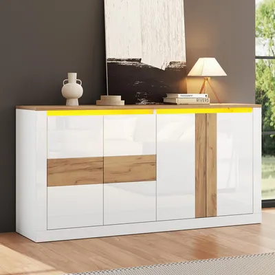 Immagine prodotto di Mobile contenitore MODFU con illuminazione RGB a LED, mobile soggiorno lucido con 4 ante scorrevoli, moderno mobile contenitore, dimensioni 140x35x70 cm, bianco e noce