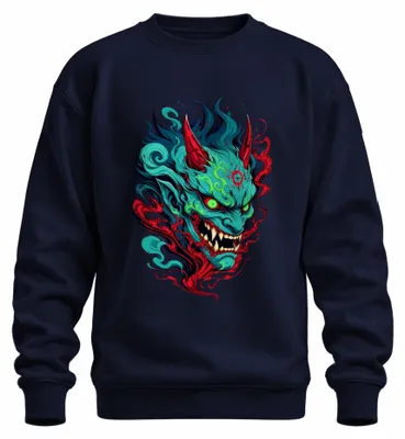 Productafbeelding van Japanse demonenmasker, Oni, Hannya, duivel, Japan, Y2K, Yokai, sweatshirt, trui, marineblauw, XXL