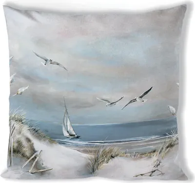 Produktbild von Kissenbezug 40x40cm Baumwolle mit Möwen und Küsten Motiv Weiß / Blau