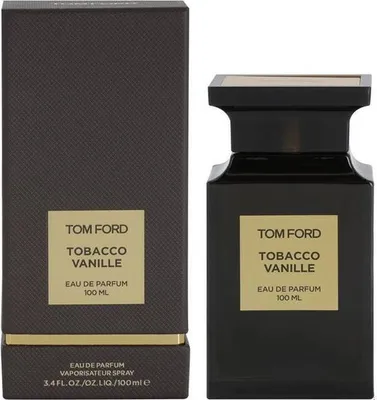 A product shot of a Tom Ford Tobacco Vanille perfume bottle and its box.