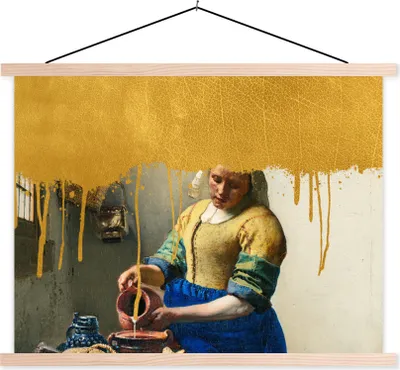 Produktbild von MuchoWow® Textilposter Vermeer - Gold - Milchmädchen 120x90 cm mit holzfarbenen Rahmen - Magnetisch
