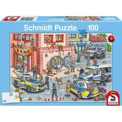 A cartoon illustration of a police operation outside a bank, depicted on a puzzle box.
