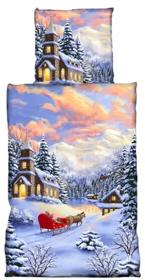 Produktbild von 2 teilig Flausch Bettwäsche 135x200 cm Kirche im Winter weiß blau Thermofleece