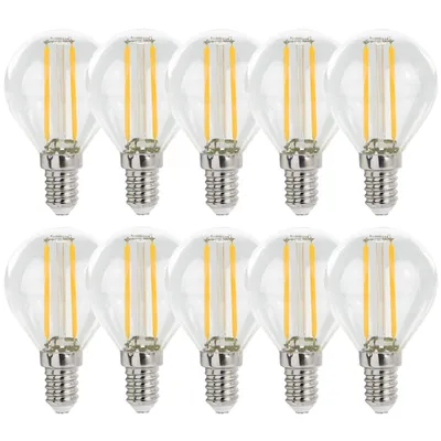 A group of ten LED filament light bulbs arranged in two rows on a white background.