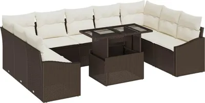 Immagine prodotto di Set divano vidaXL con cuscini (10 pezzi), marrone e crema, in polyrattan