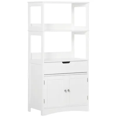 Image de kleankin Meuble de Rangement Salle de Bain - 2 Portes, tiroir, 3 étagères - dim. 60L x 33l x 122H cm - MDF Blanc