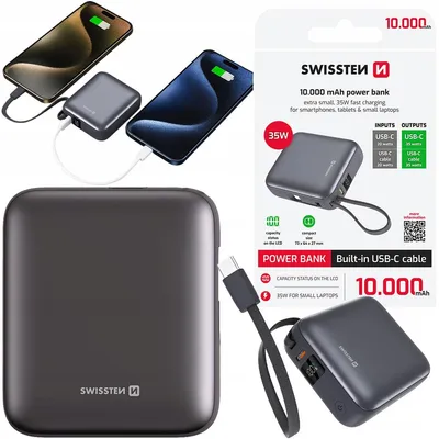 Zdjęcie produktu dla Kompaktowy Powerbank SWISSTEN 10000 mAh 35W kabel USB-C Wyświetlacz LCD