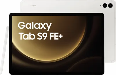 A white Samsung Galaxy Tab S9 FE+ tablet is shown from the front and back, with a stylus attached to the side.
