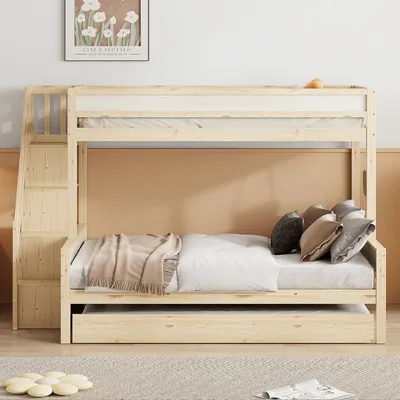 Produktbild von Etagenbett Kinderbett, 90*200/140*200 cm, Ausziehbett 90*190, Massivholz-Etagenbett mit Sicherheitsstufen, Lattenrost, naturfarben