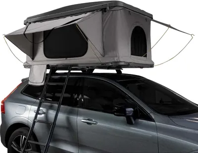 Immagine prodotto di Tenda da tetto rigida per auto, box da tetto per 2-3 persone, grigio, in ABS, montaggio rapido in 3-15 secondi, impermeabile fino a 3000 mm, per auto e veicoli leggeri, campeggio all'aperto, scaletta, materasso da 5,5 cm, tasche laterali, rete e torcia solare in omaggio